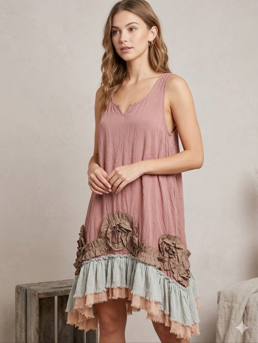 Altar'd State Mauve Boho Ruffle Tiered Mini Dress, Size Small